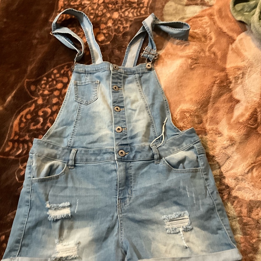 Denim Overall Shorts with Distressed Details